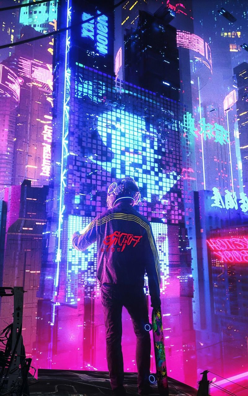A man standing on top of the city at night - Cyberpunk