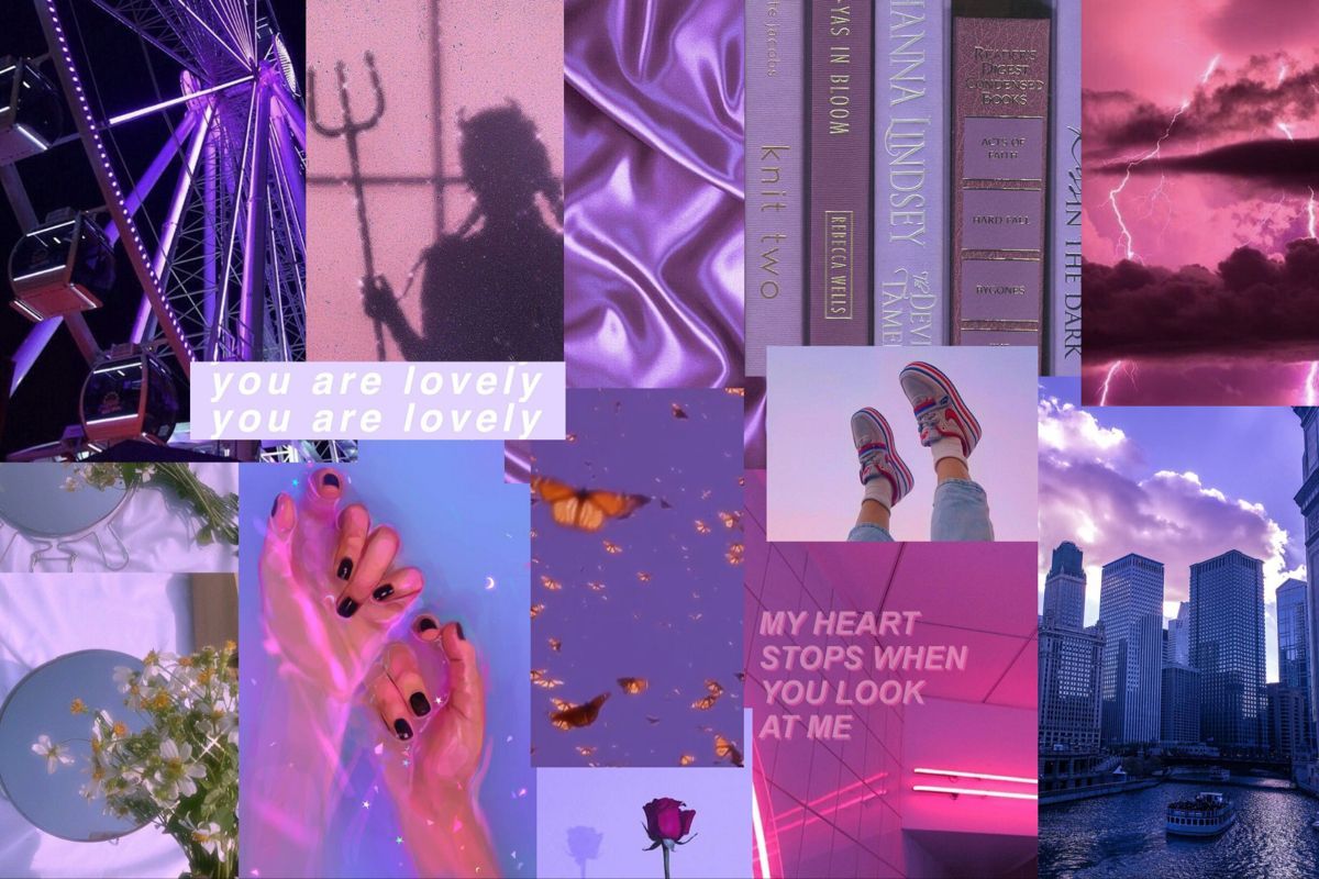A collage of photos in a purple aesthetic including a butterfly, books, and a city. - Candy