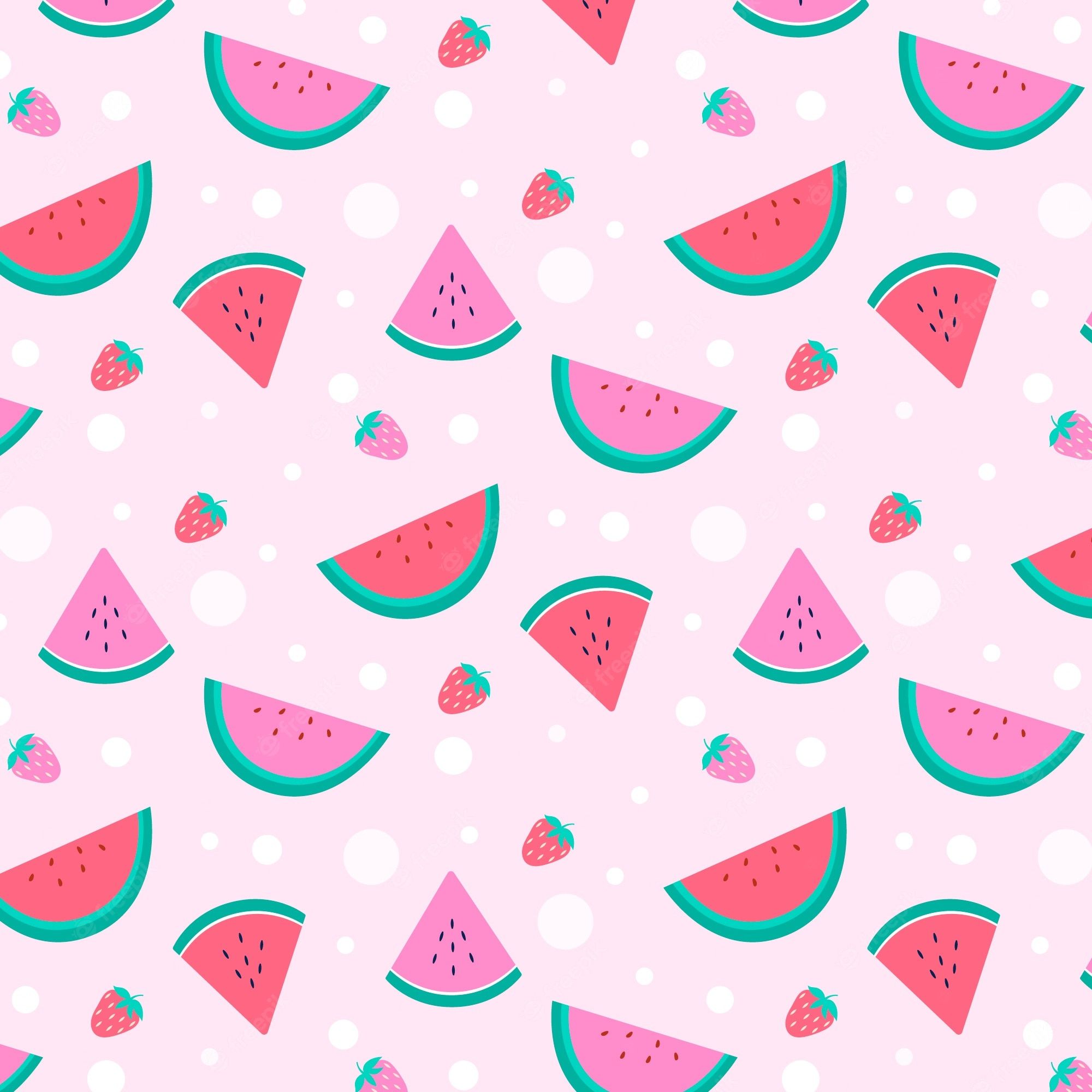 A pink background with watermelon and strawberry slices - Watermelon