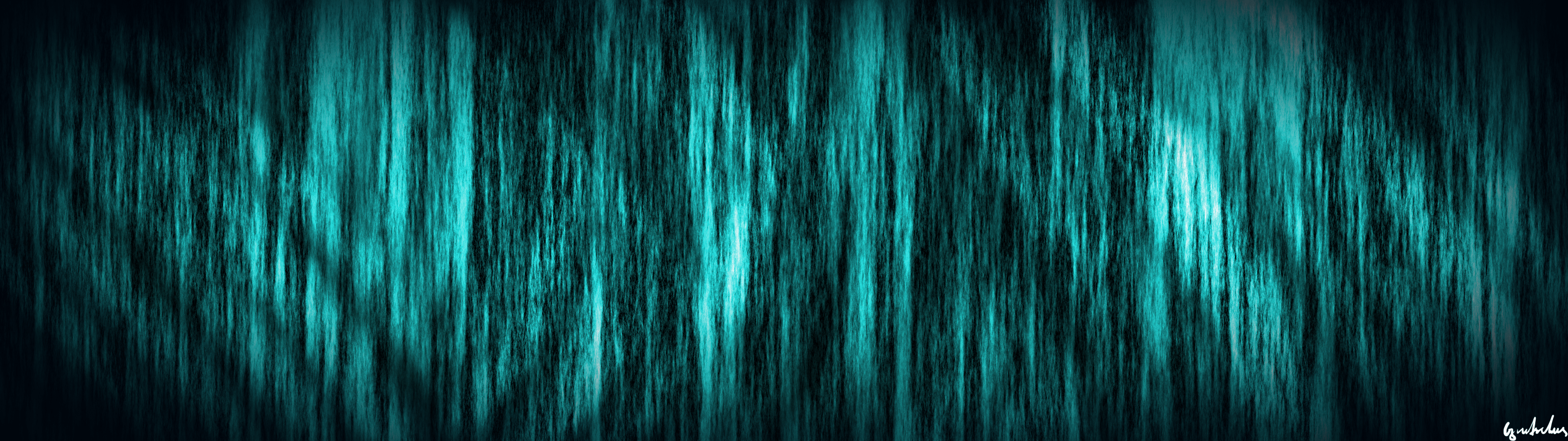 A dark forest with green and blue lights shining through the trees. - Cyan