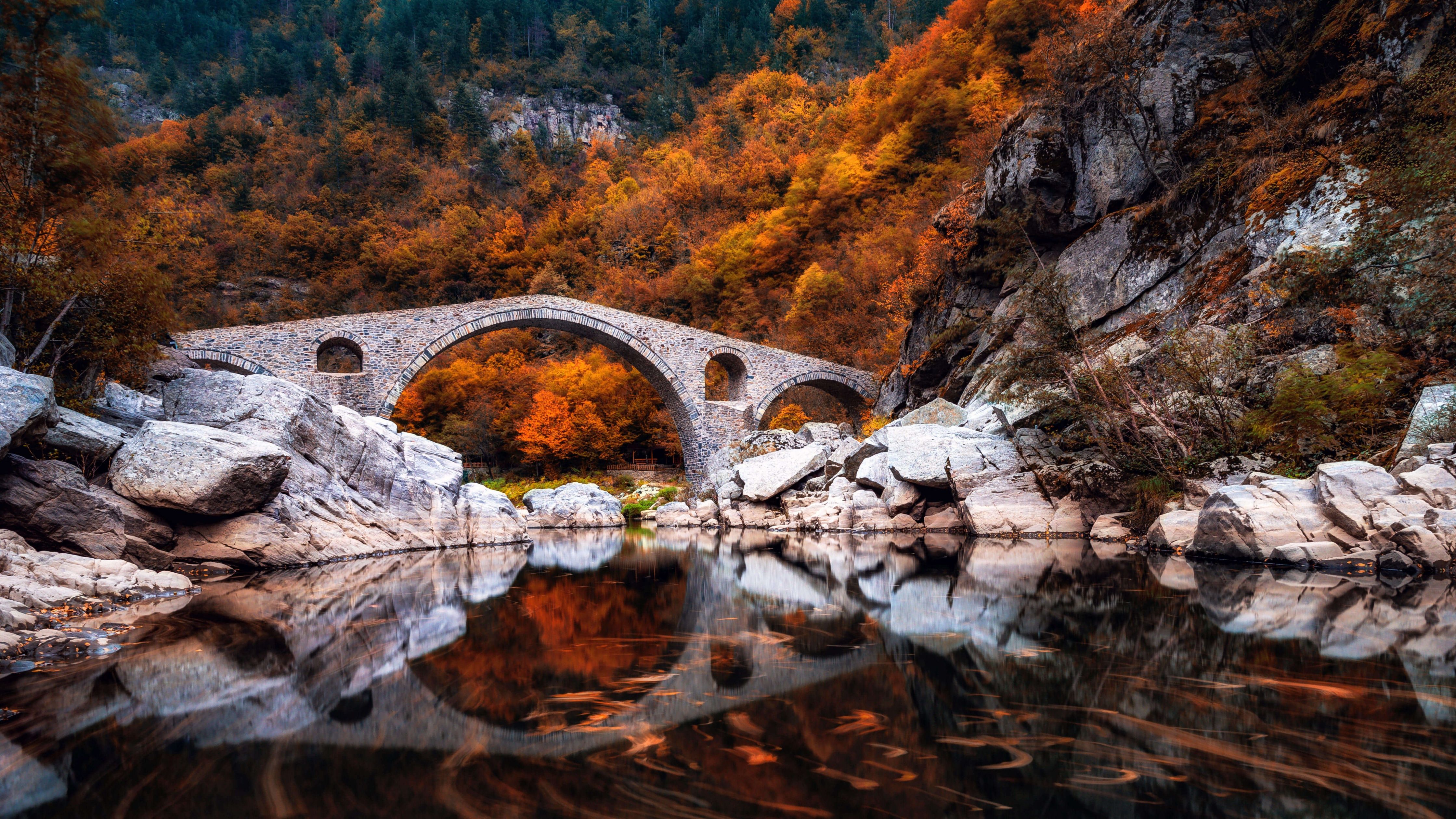 A long exposure of a bridge over a river with autumn trees in the background. - River