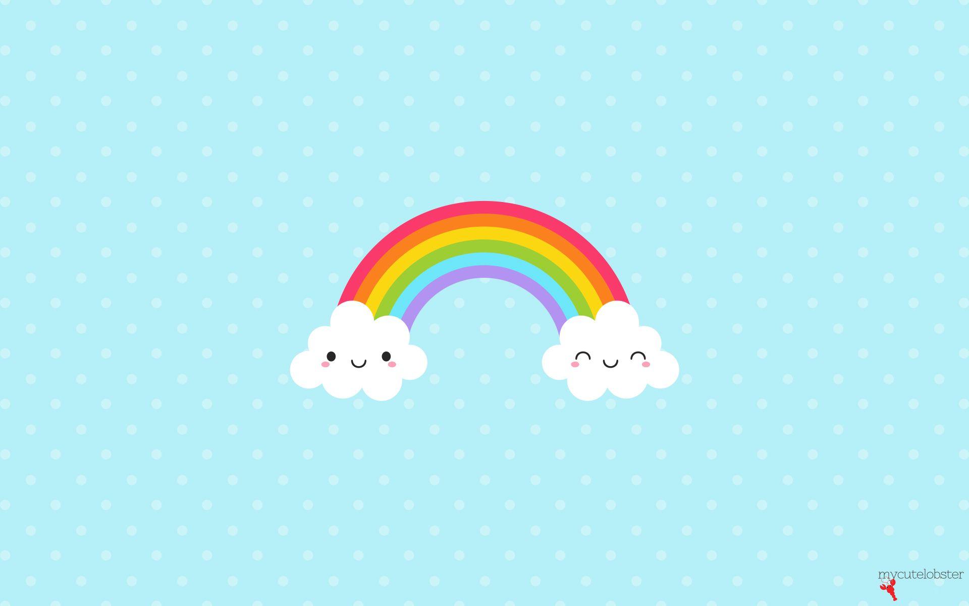 Cute rainbow wallpaper with a blue background and white dots - Rainbows