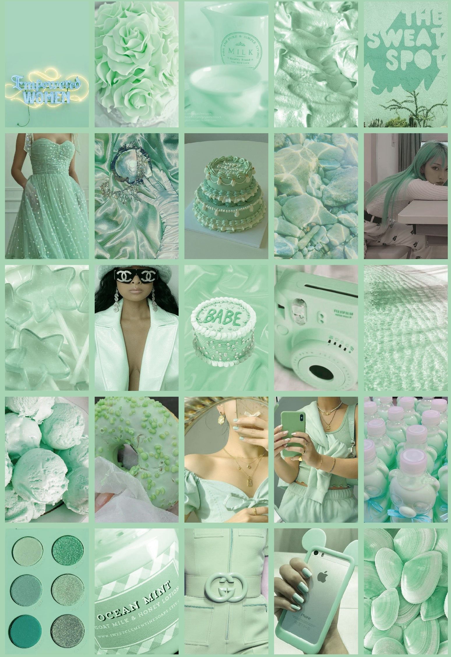 Aesthetic collage of mint green photos. - Mint green