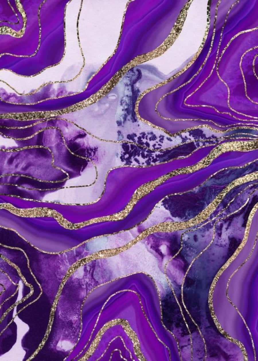 A purple and gold abstract painting with flowing lines and glittery accents. - Marble