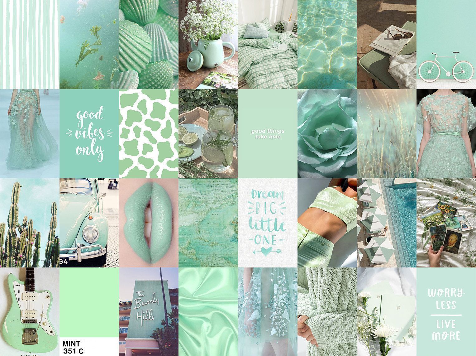 A collage of images and words in a mint green color scheme. - Mint green, pastel green