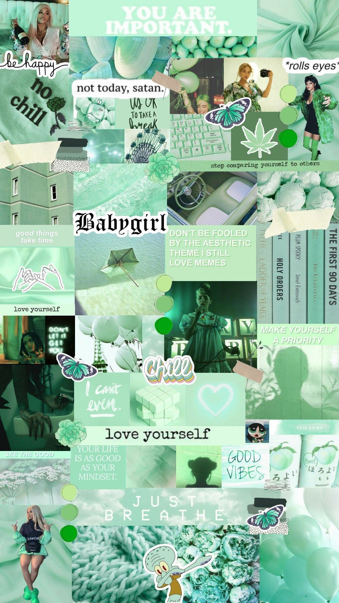 Collage of aesthetic pictures in green, white, and black - Mint green