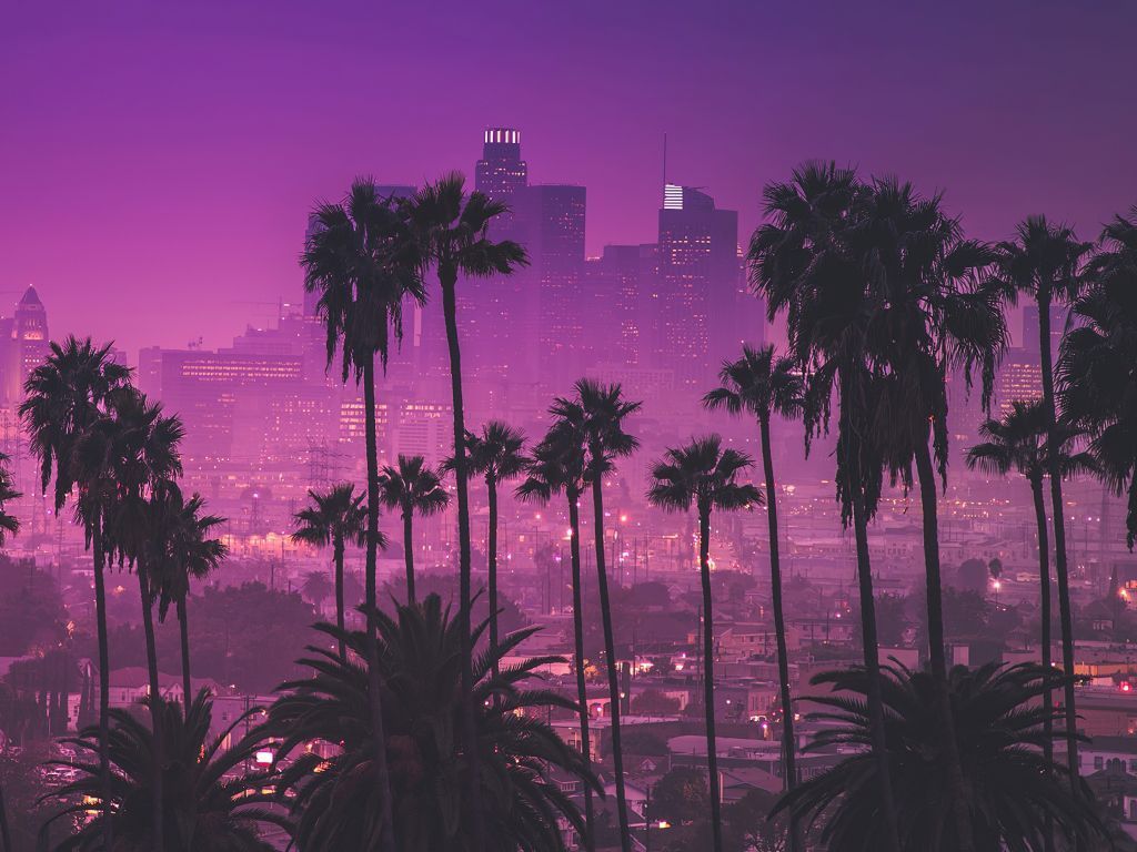 A purple sky over the city of Los Angeles with palm trees in the foreground. - Synthwave, cityscape
