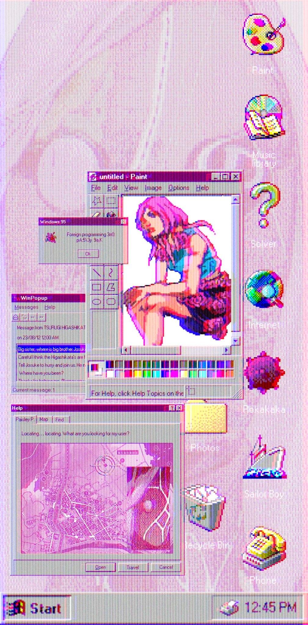 Aesthetic pastel anime girl desktop background with paint, internet, and other windows. - Webcore