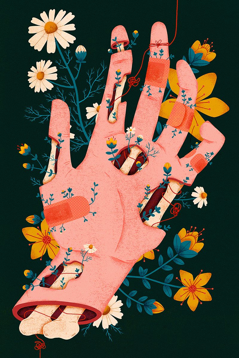 A pink hand with bandages and flowers. - Mental health