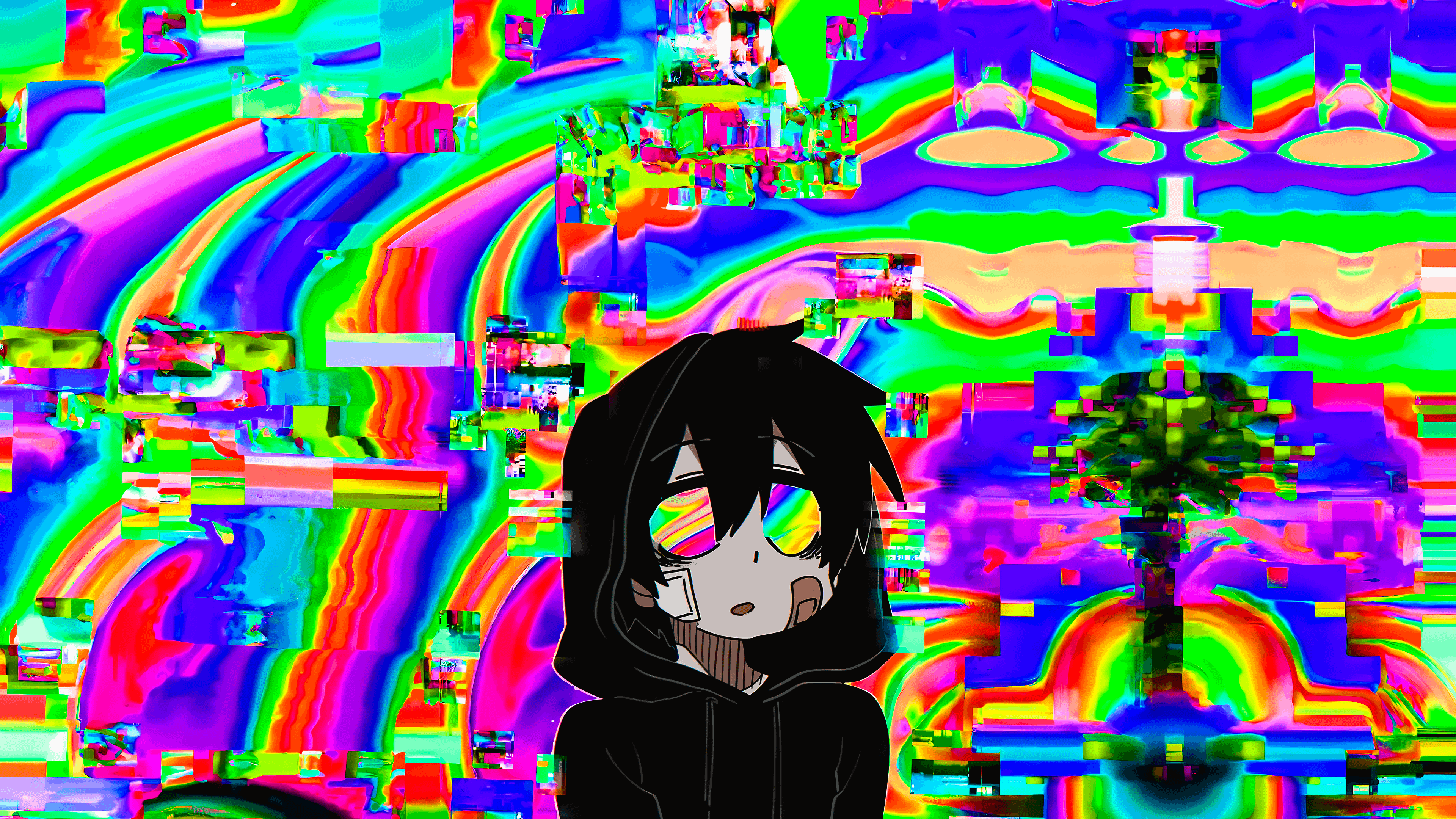 A black haired anime character with a hoodie and rainbow eyes stands in front of a colorful, distorted background. - Webcore