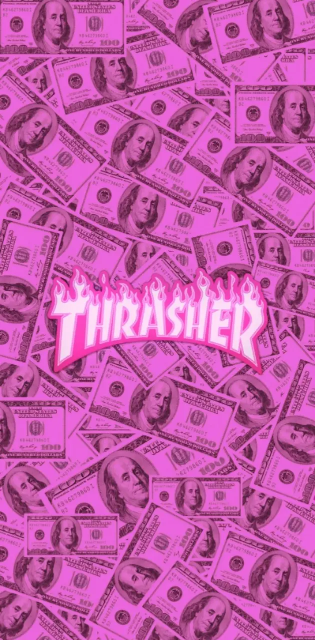 IPhone wallpaper of a pink background with money and the Thrasher logo - Thrasher