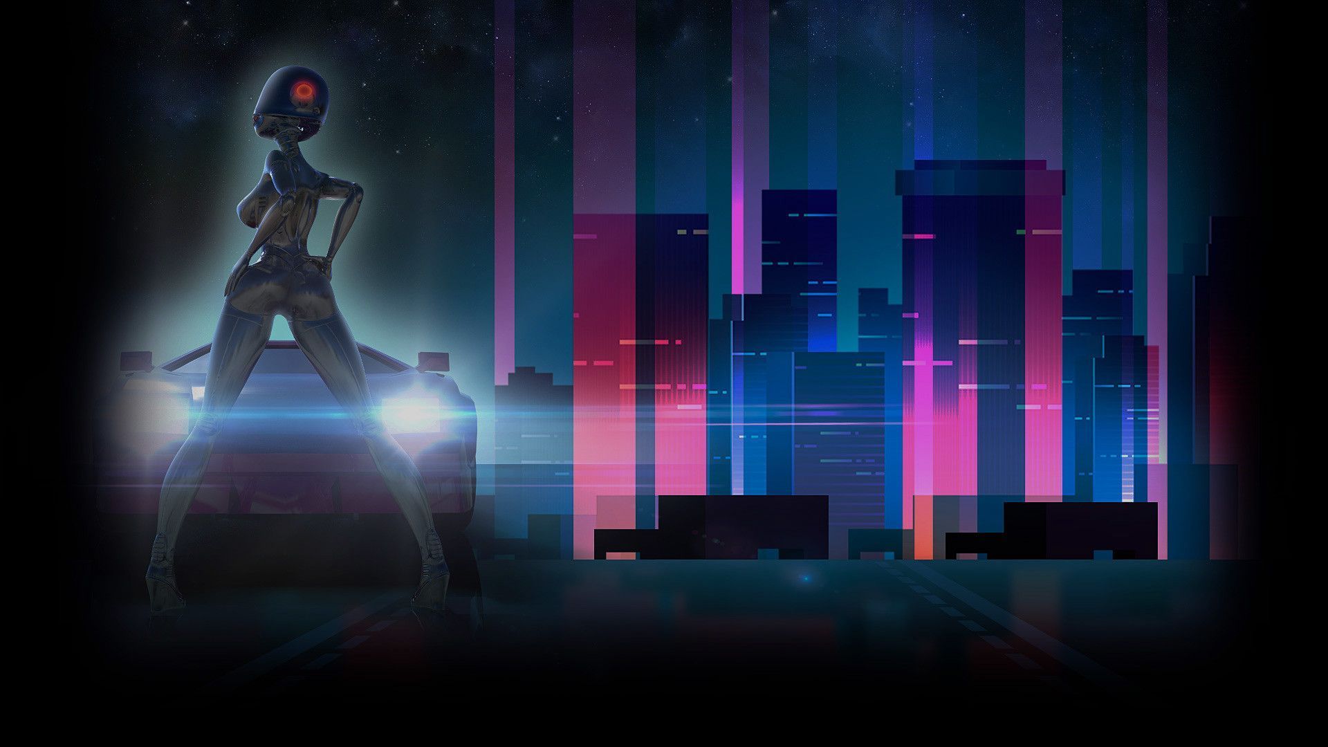A robot with a red eye standing on a car in a cyberpunk city - 1920x1080, dark vaporwave