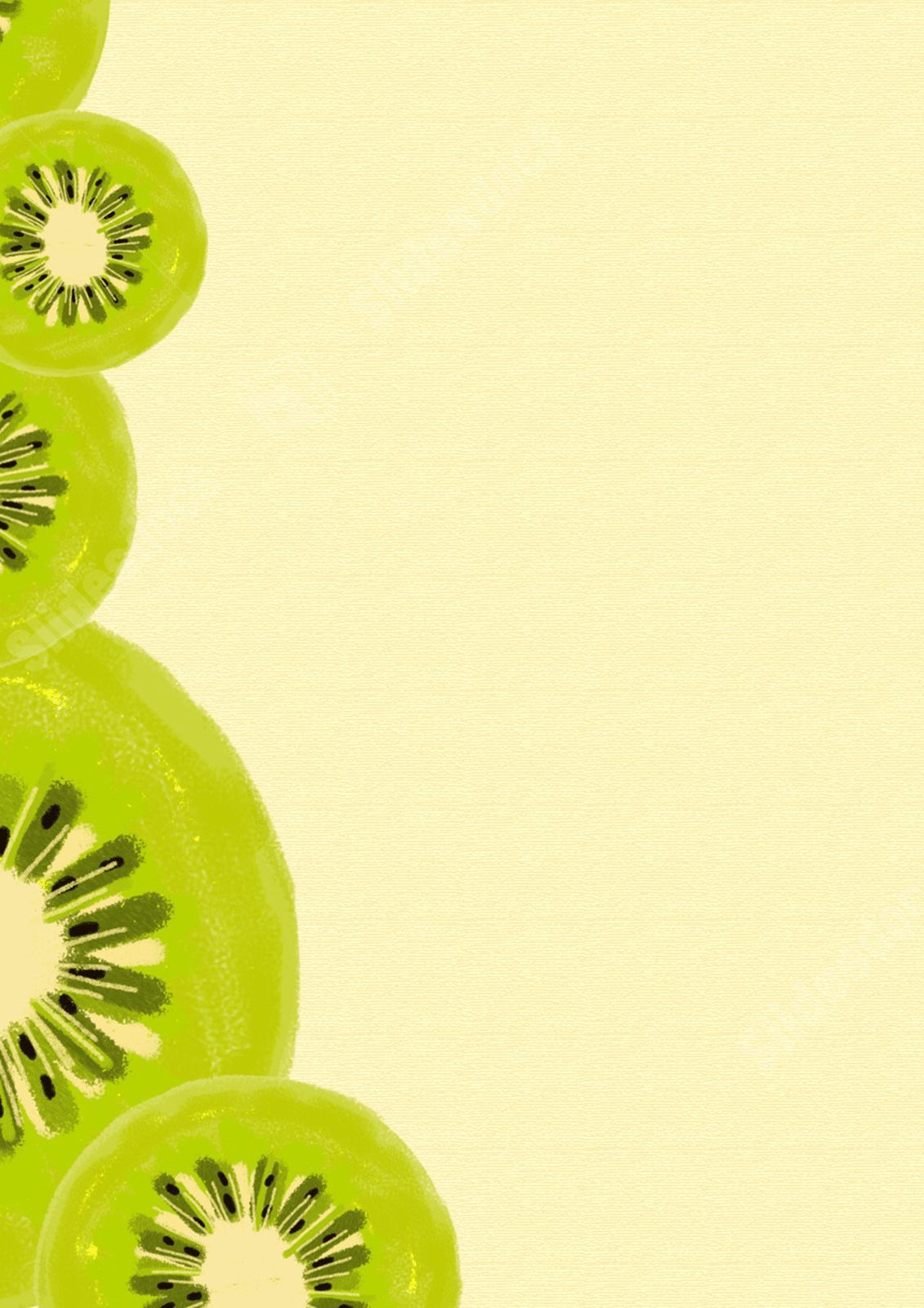 A yellow background with green kiwi slices on the left side of the image. - Kiwi