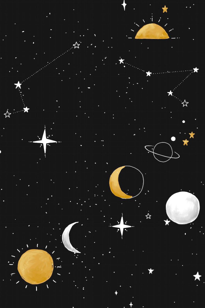 Black background with white and gold stars and planets - Vector