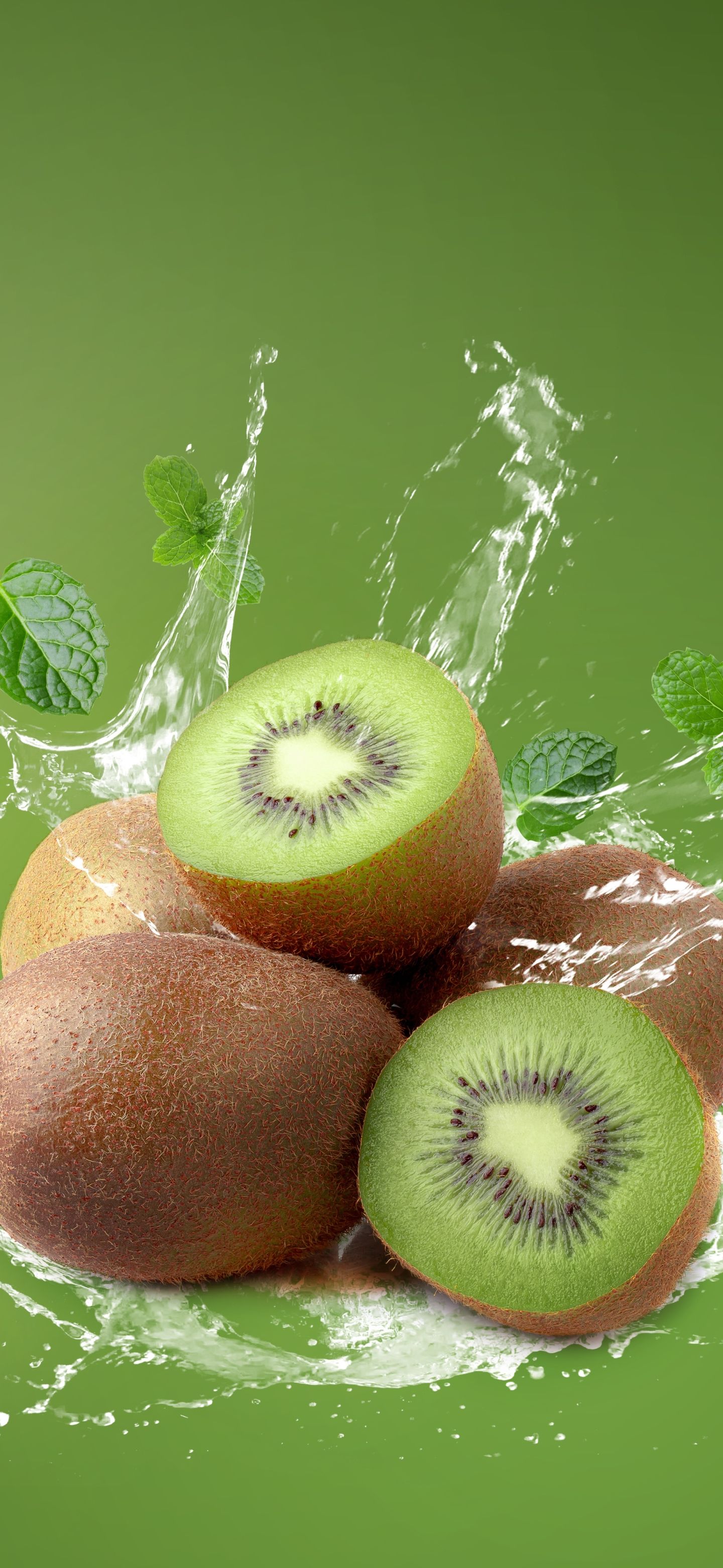 Green background with splashing water and a pile of kiwis. - Kiwi