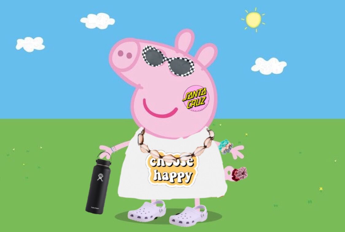Peppa pig wearing a Hydro Flask, Santa Cruz sticker, choose happy necklace, sunglasses, and holding a Hydro Flask and a bouquet of flowers - Peppa Pig