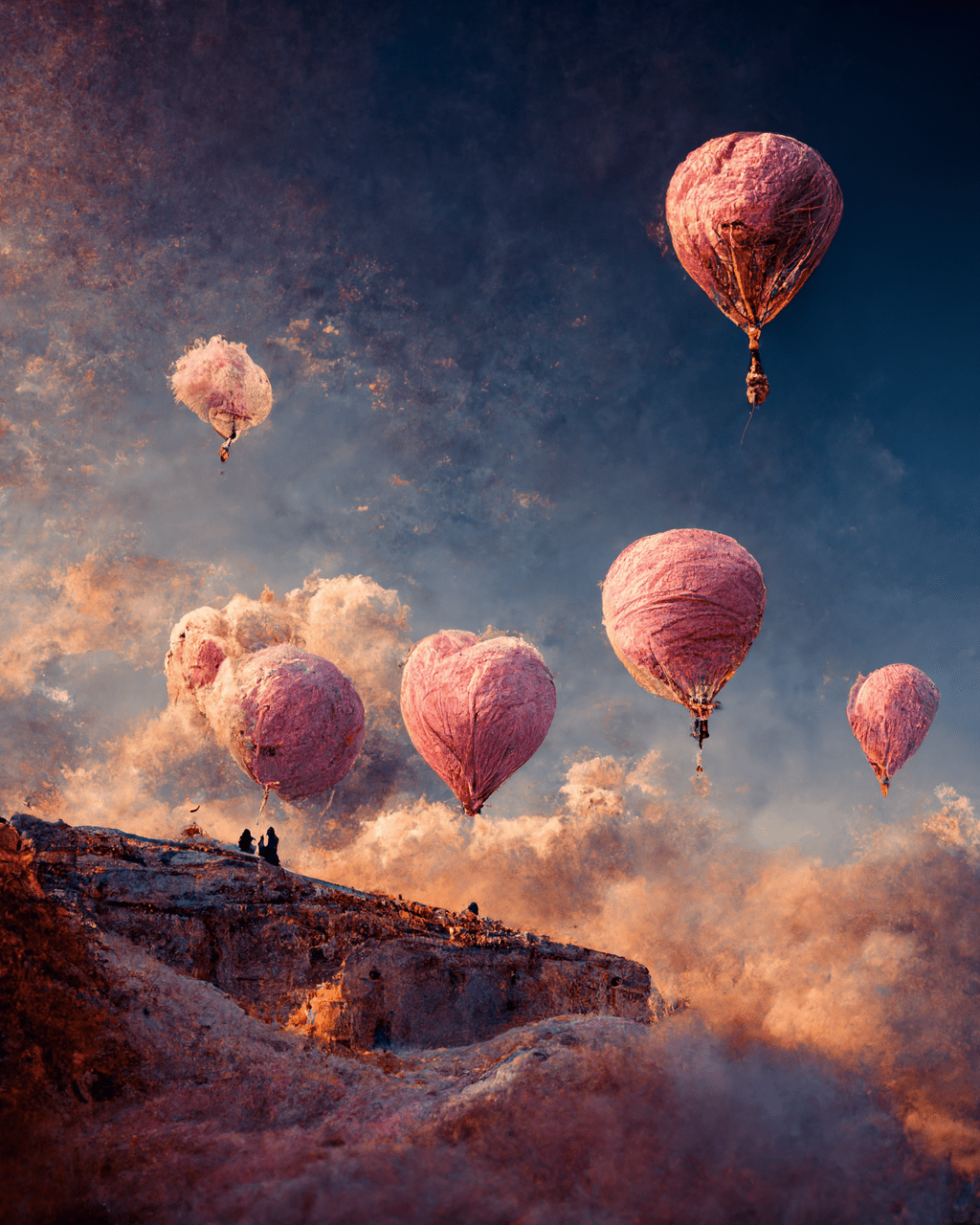 prompthunt: cappadocia, pink sky, hot air balloons, cinematic lighting, volumetric lighting, epic composition, Beautiful Landscape photography, pink sky, soft fluffy clouds, Photorealistic, wallpaper, 8k