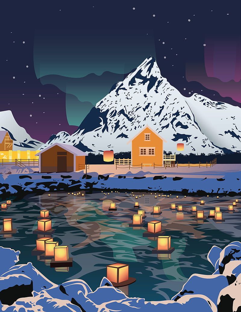 A village in the mountains with lanterns floating on the water - Vector