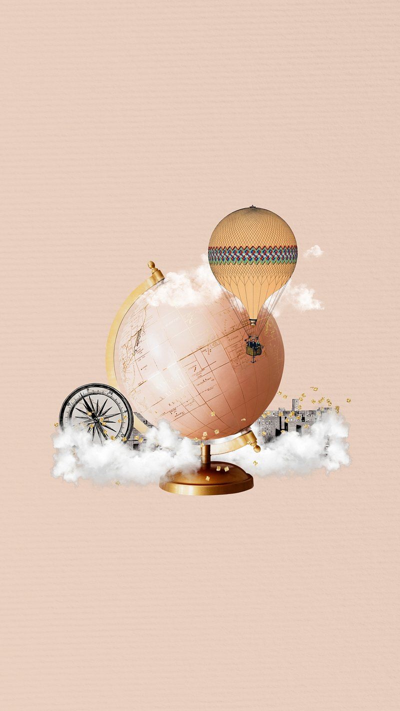 Collage of a hot air balloon, globe, and wheel on a pink background - Hot air balloons