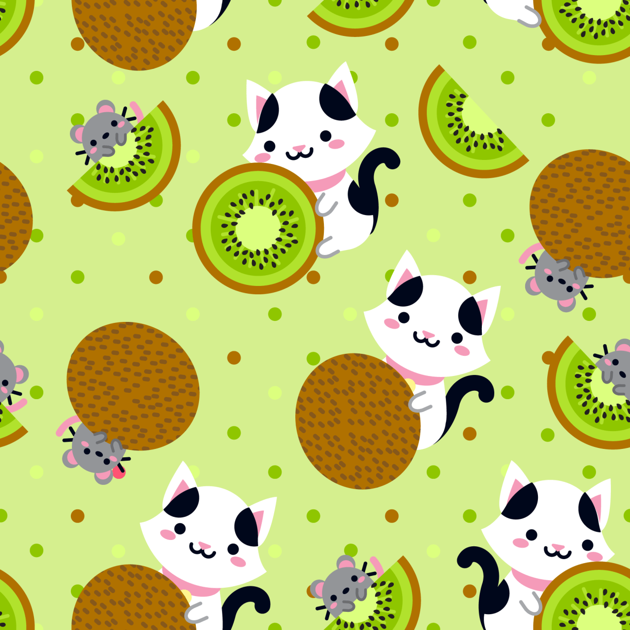 A pattern of cats, kiwis, and mice on a green background. - Kiwi