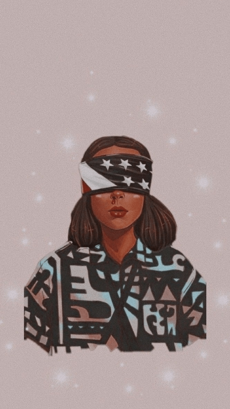 An illustration of a woman with a stars and stripes blindfold. - Stranger Things