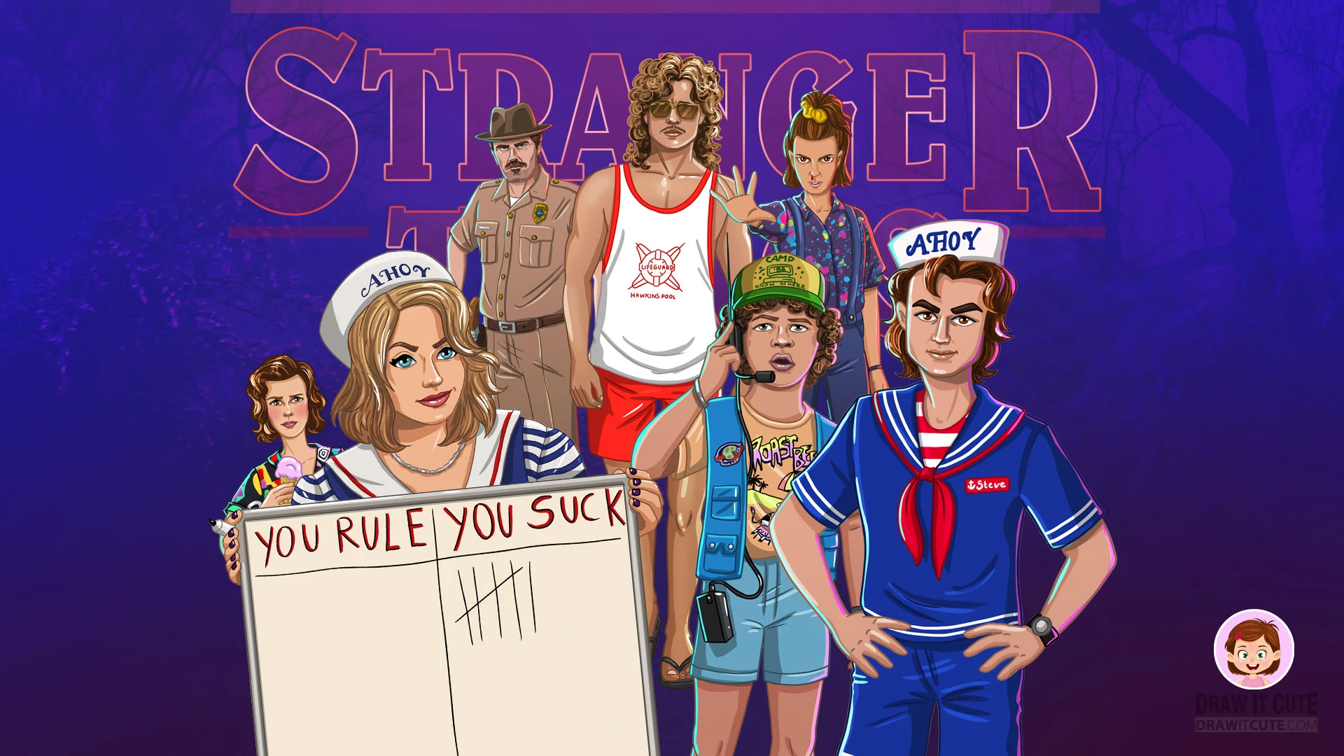 Stranger Things characters in a 1980s style illustration - Stranger Things