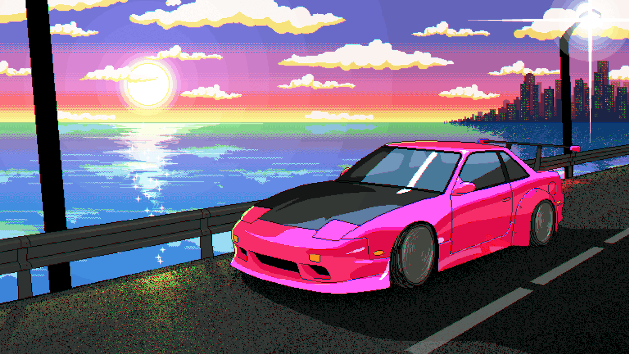 Pixel art of a pink car driving on a road with a sunset in the background - JDM