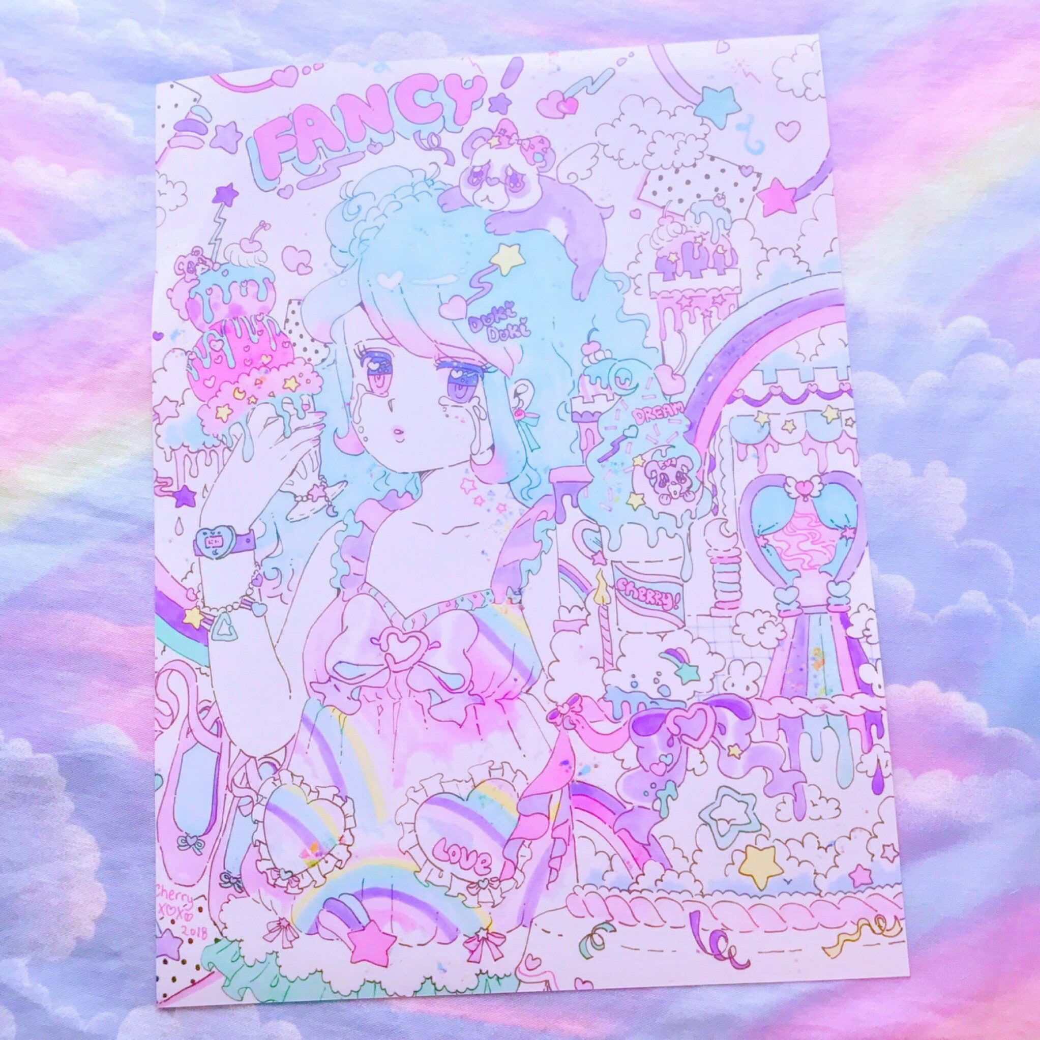 A sticker sheet with a cute girl with blue hair, pink clouds, rainbows, and unicorns. - Animecore