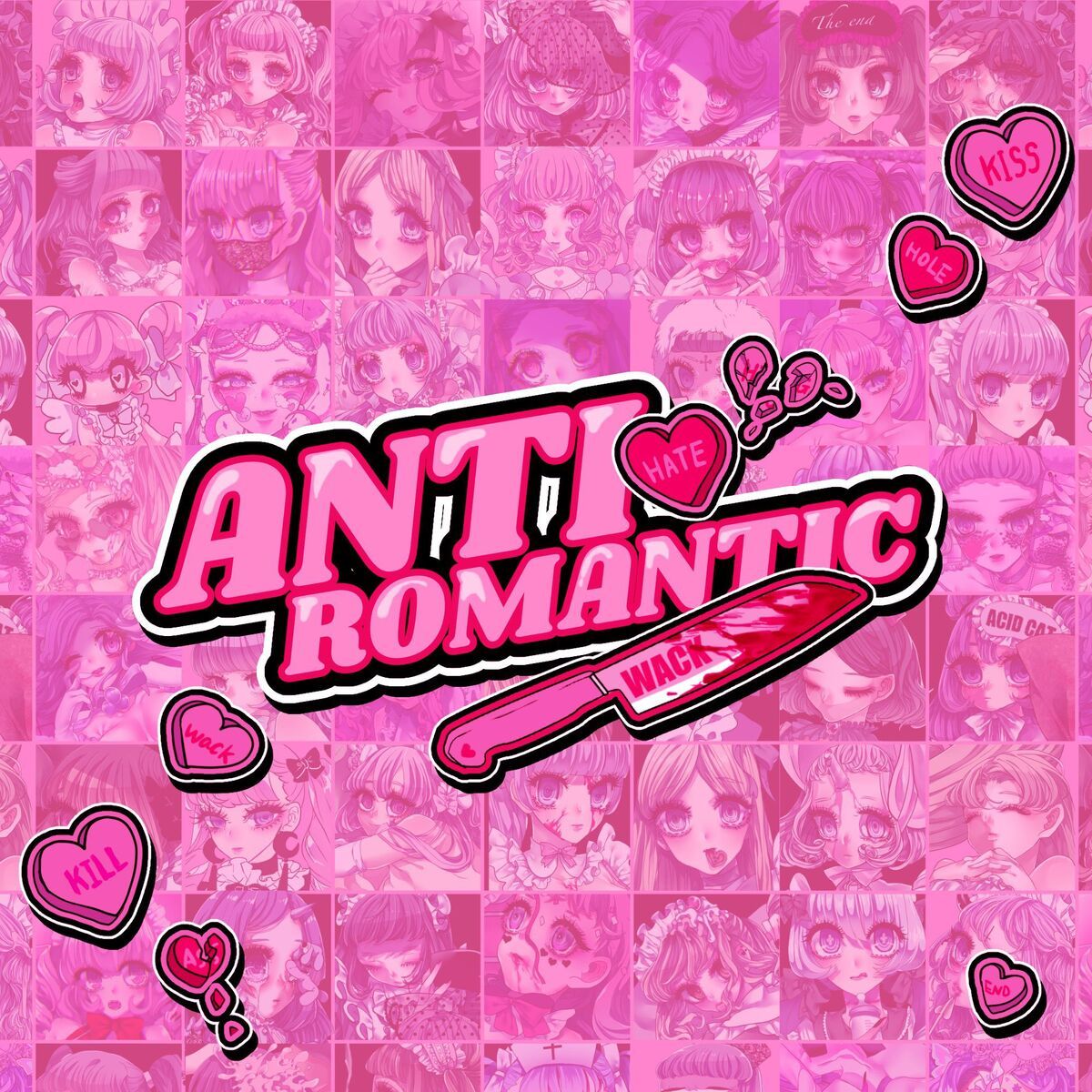 Anti-Romantic album cover with a pink background and various anime characters - Animecore