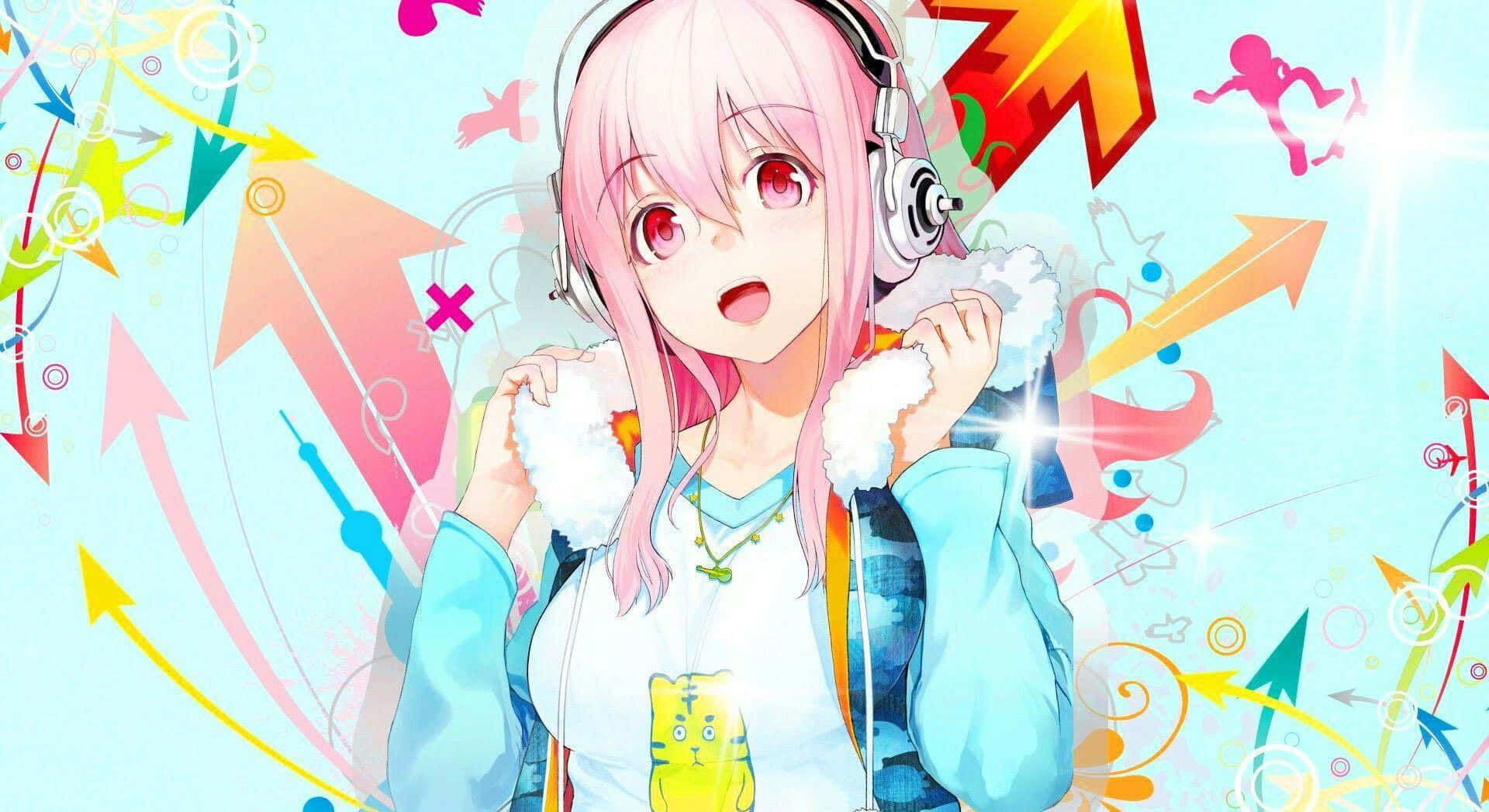 Anime Girl with headphones on a colorful background - Animecore