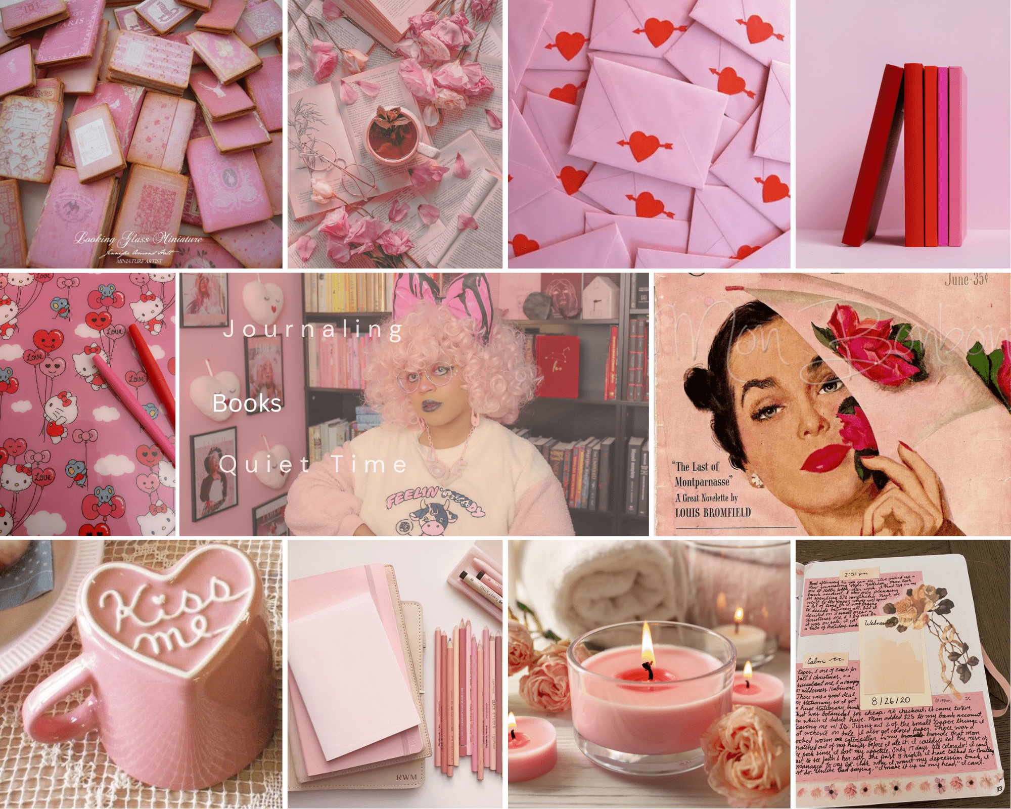 A collage of pink aesthetic pictures including books, candles, and journaling. - Lovecore