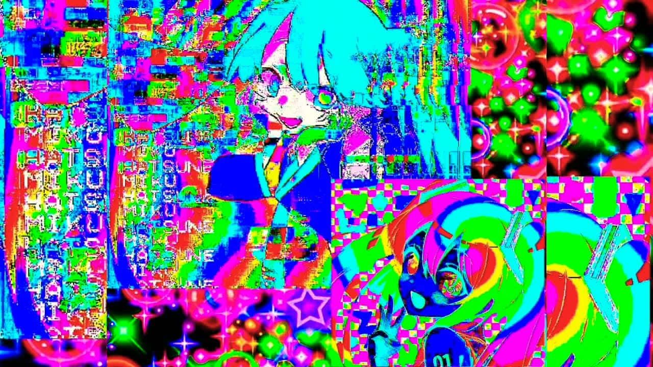 A colorful image of a blue haired anime character - Glitchcore