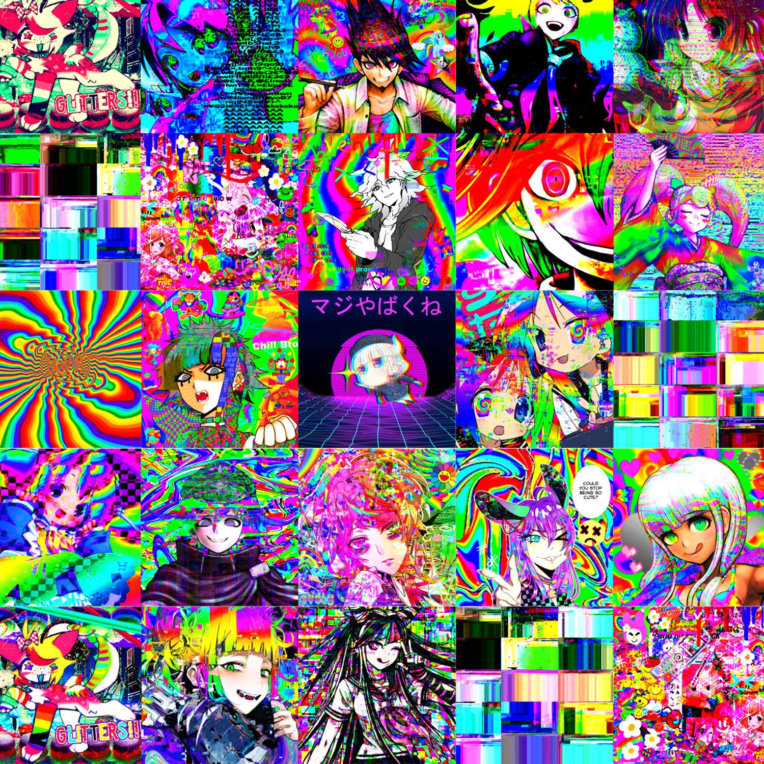 Aesthetic anime wallpaper with a variety of anime characters - Glitchcore