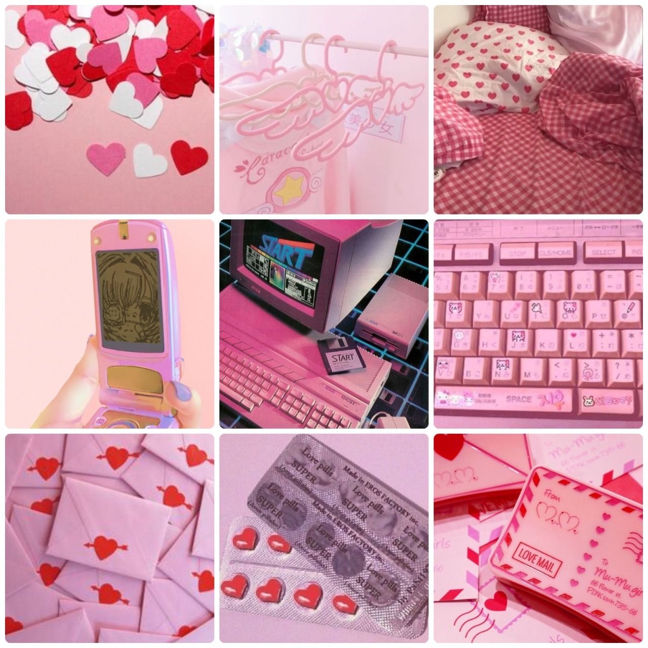 A collage of pink and red images including a phone, keyboard, bed, and love letters. - Lovecore