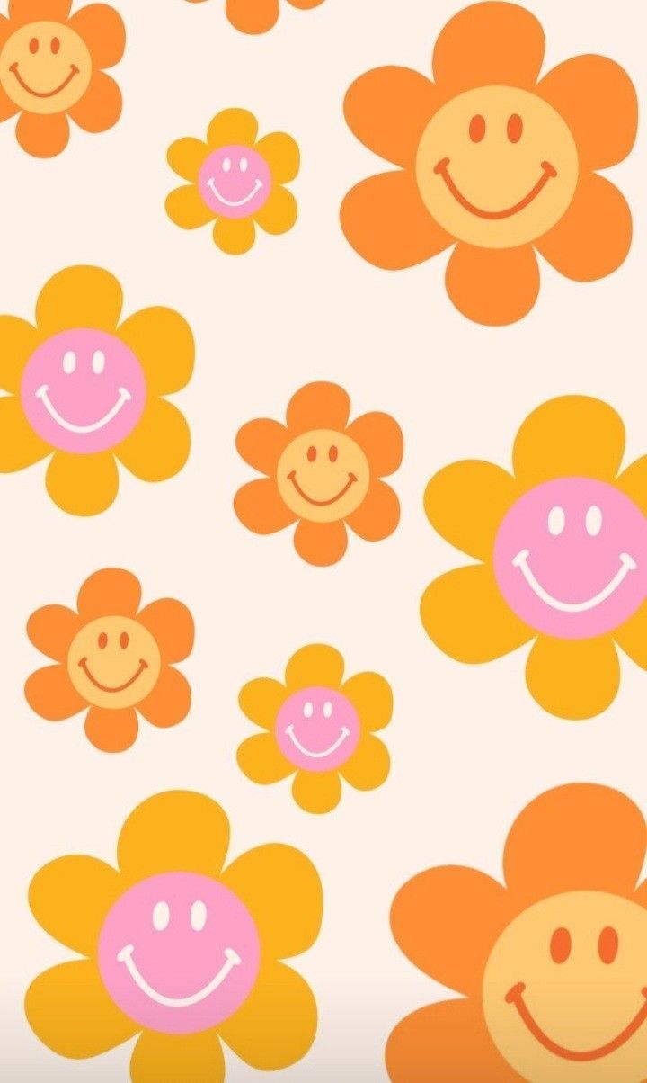A pattern of smiling flowers on an orange background - Preppy