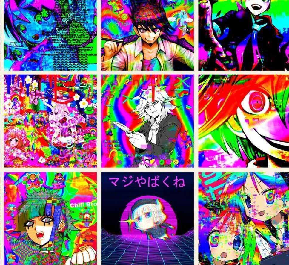 Aesthetic anime background with different anime characters - Glitchcore