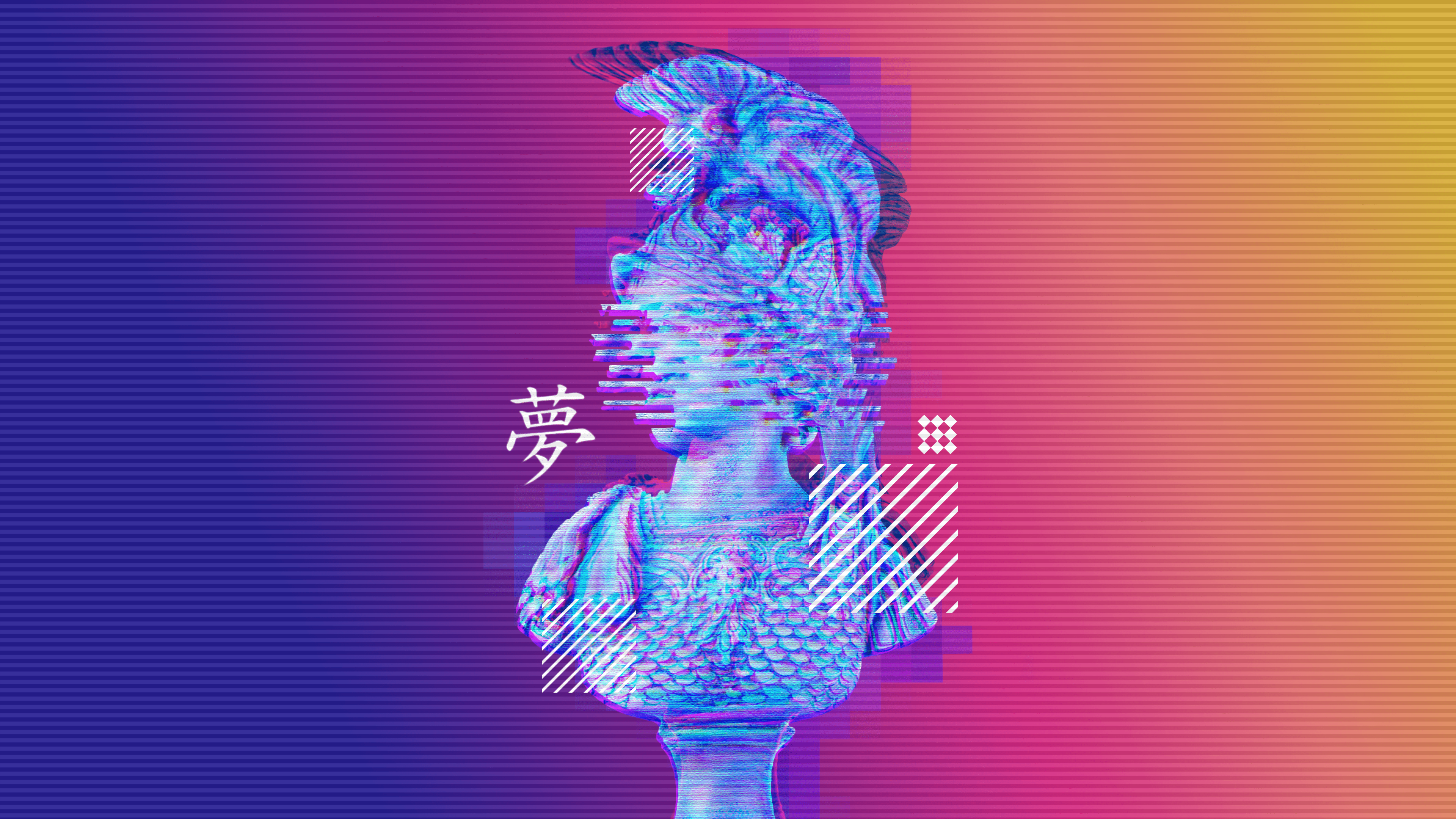 A distorted bust of a man with a helmet on, in front of a gradient background of blue and pink. - Synthwave