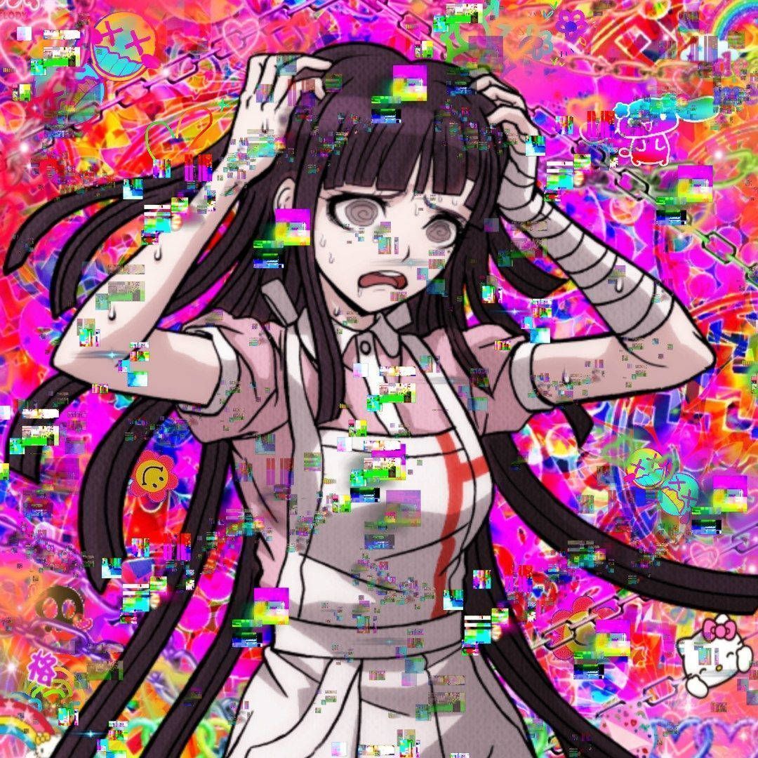 A digital artwork of a woman with long black hair, she is wearing a white dress with a red cross on the chest and has her hands in her hair. She is standing in front of a digital background of different shapes and colours. - Glitchcore