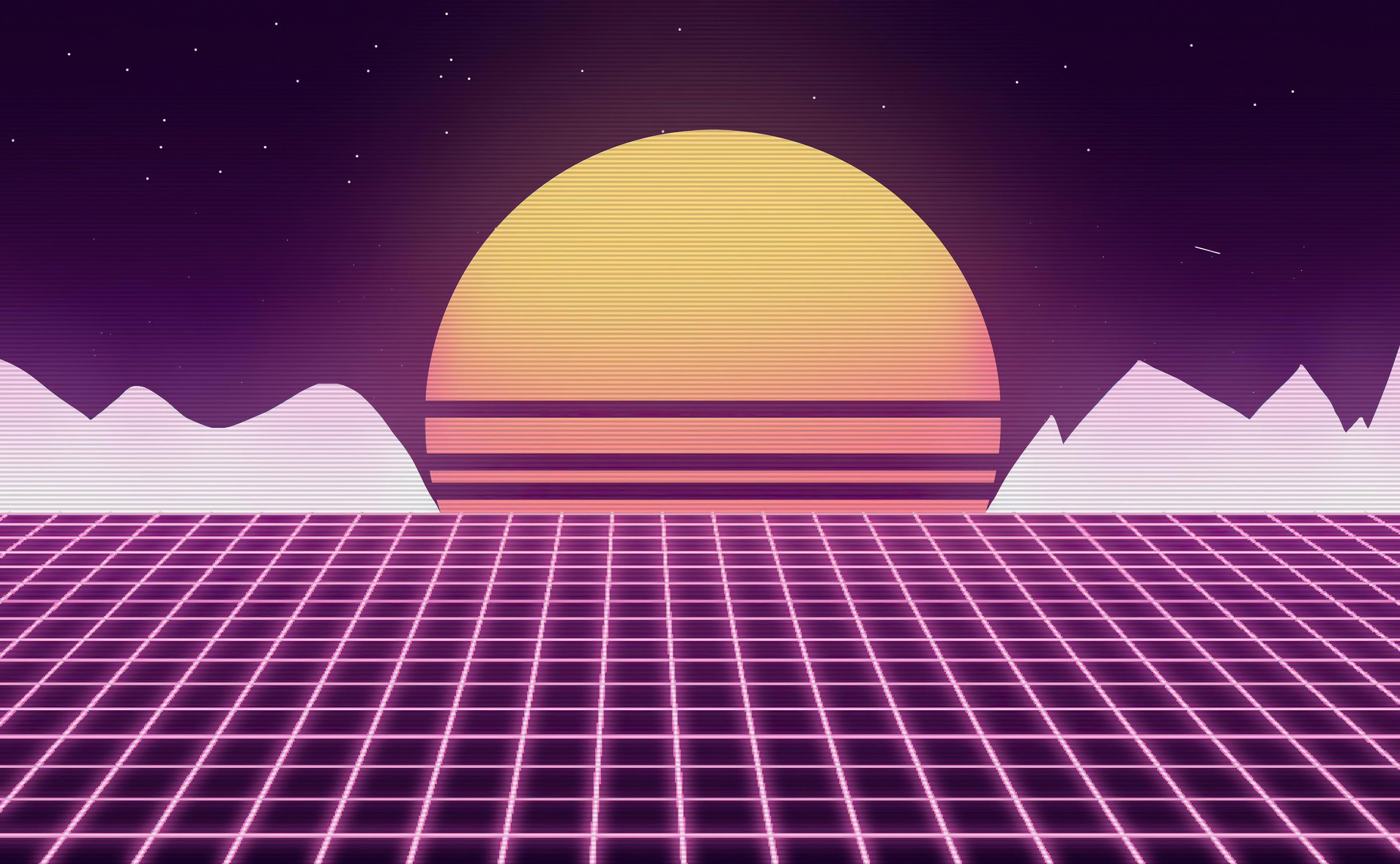 A sunset over a neon grid with mountains in the background - Synthwave