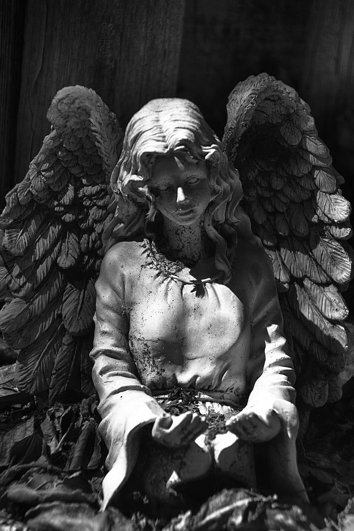 Grayscale photo of a sad angel - Wings
