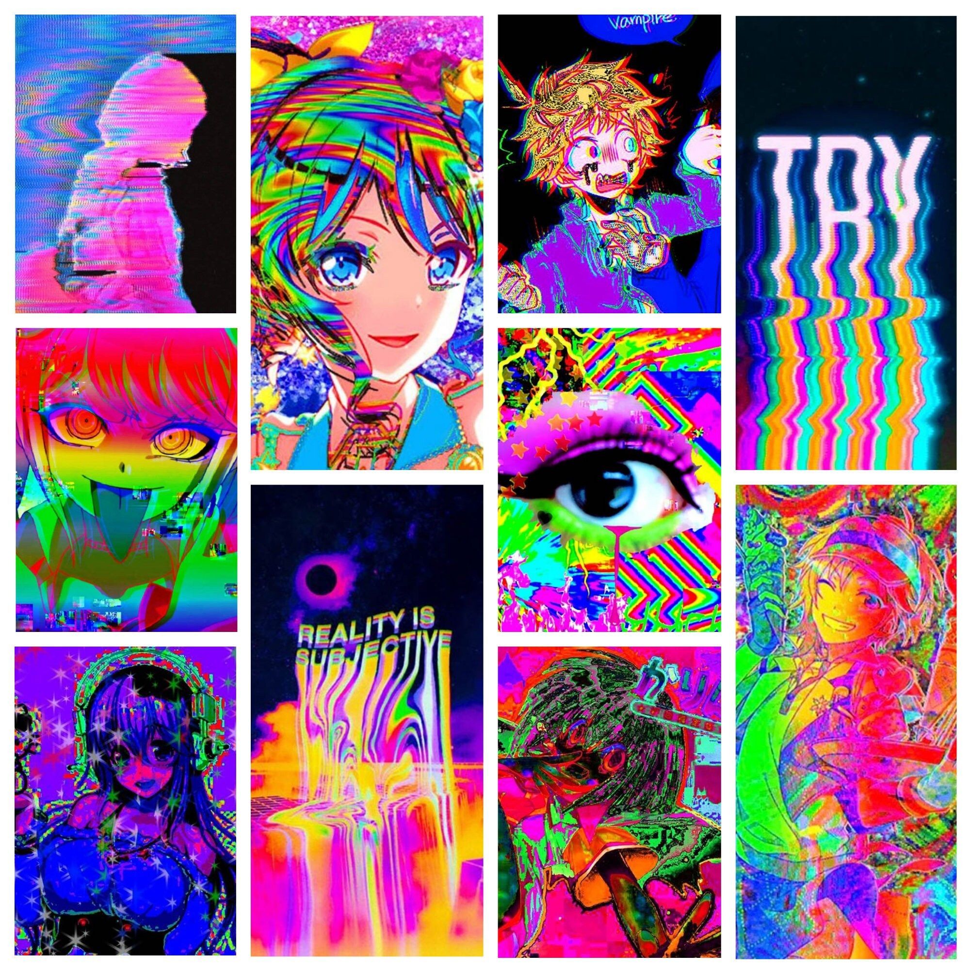 A collage of anime and manga characters, as well as abstract art, in a rainbow of neon colors. - Glitchcore