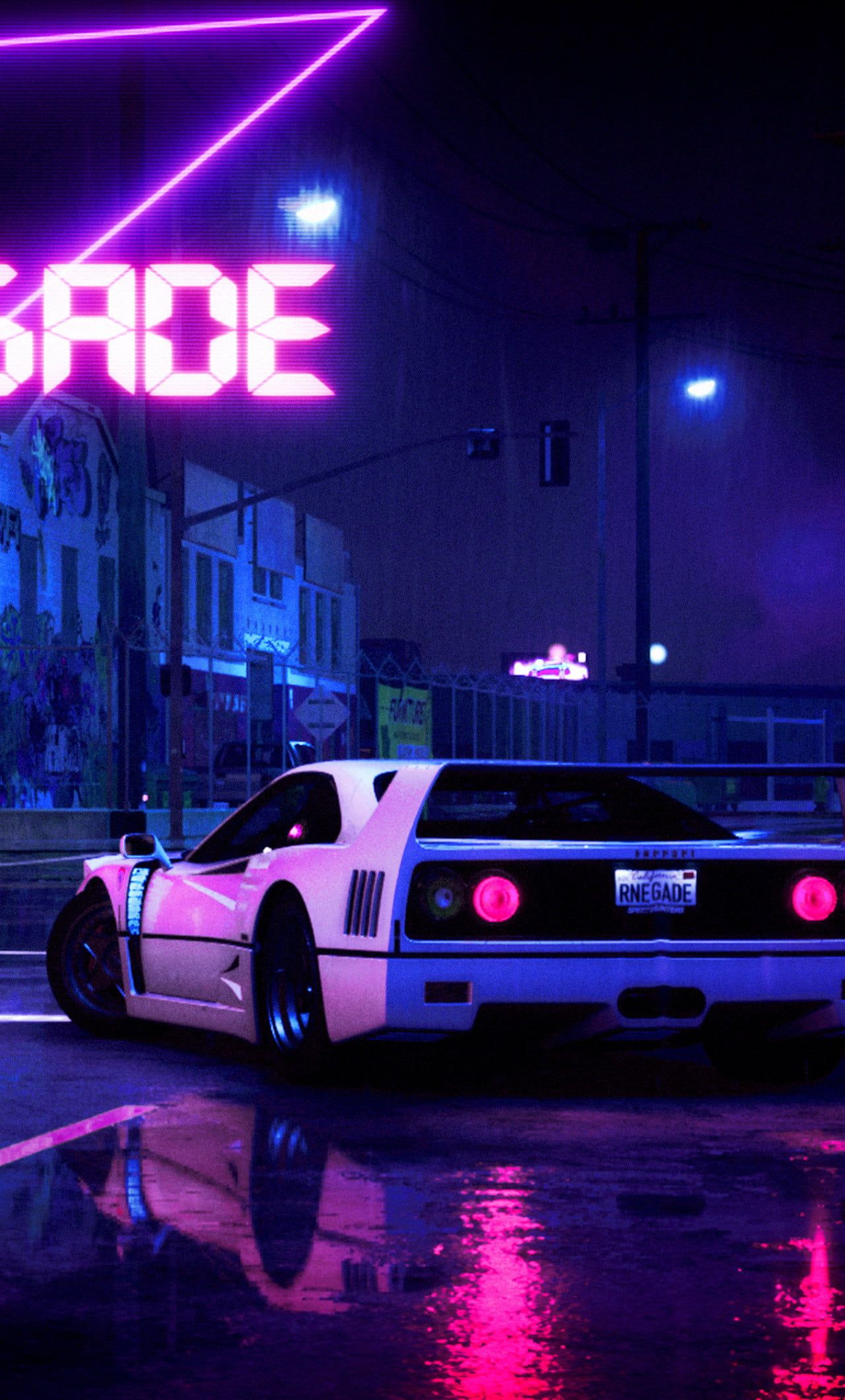 Wallpaper of a white sports car in a neon lit street - Synthwave