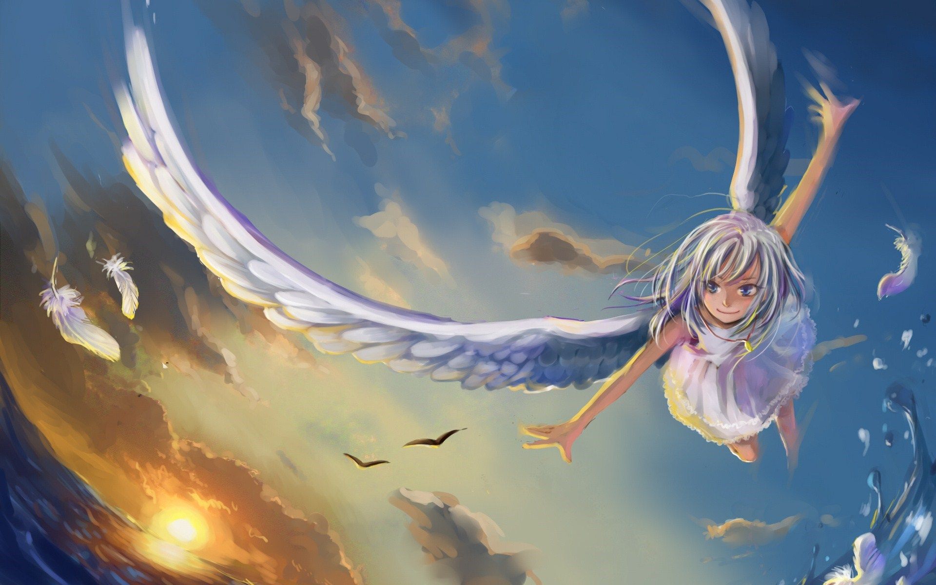 An anime girl with white hair and wings flying in the sky - Wings