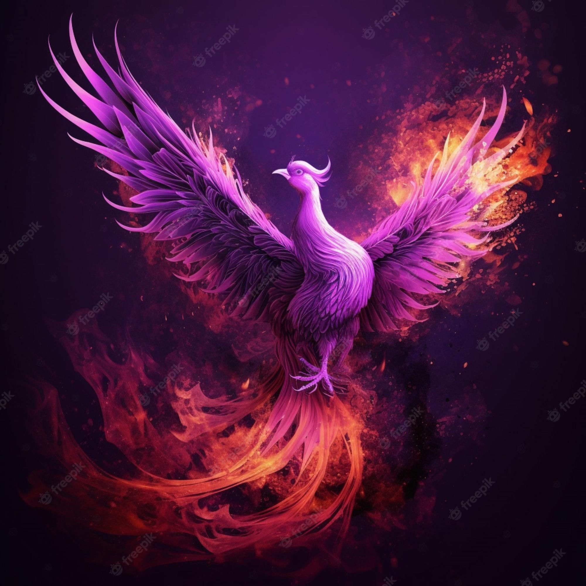 A purple bird with wings spread is shown with the word phoenix. - Wings