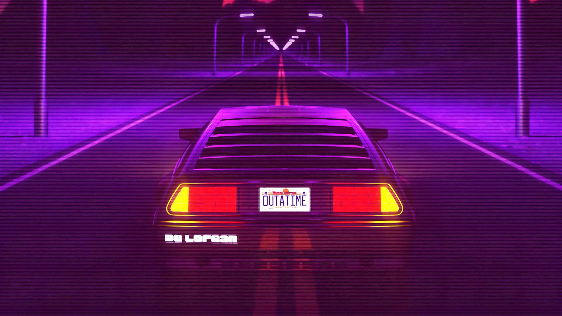 Back to the future, DeLorean, 80s, car, neon, purple, tunnel, 4K - Synthwave
