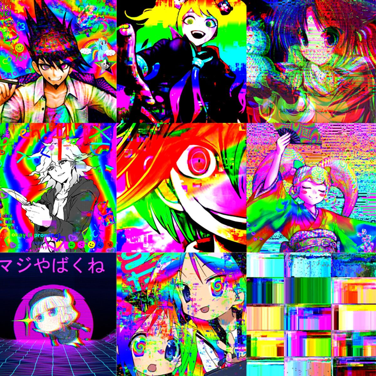 A colorful collage of anime characters and a digital glitch effect - Glitchcore