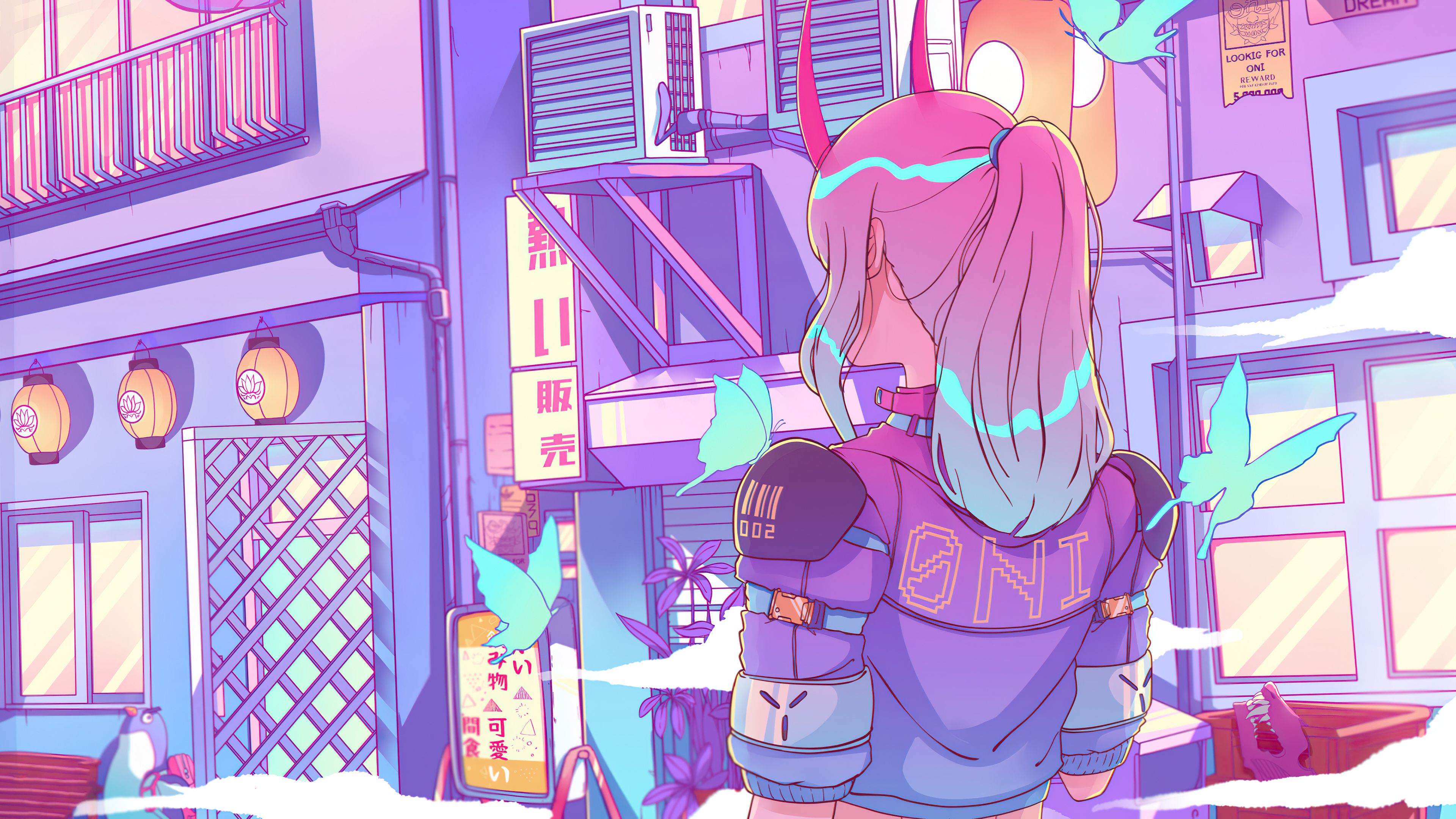 <ref> A girl</ref><box>(480,10),(928,996)</box> with pink hair and<ref> a hoodie</ref><box>(481,496),(818,993)</box> is standing in a futuristic city - Synthwave