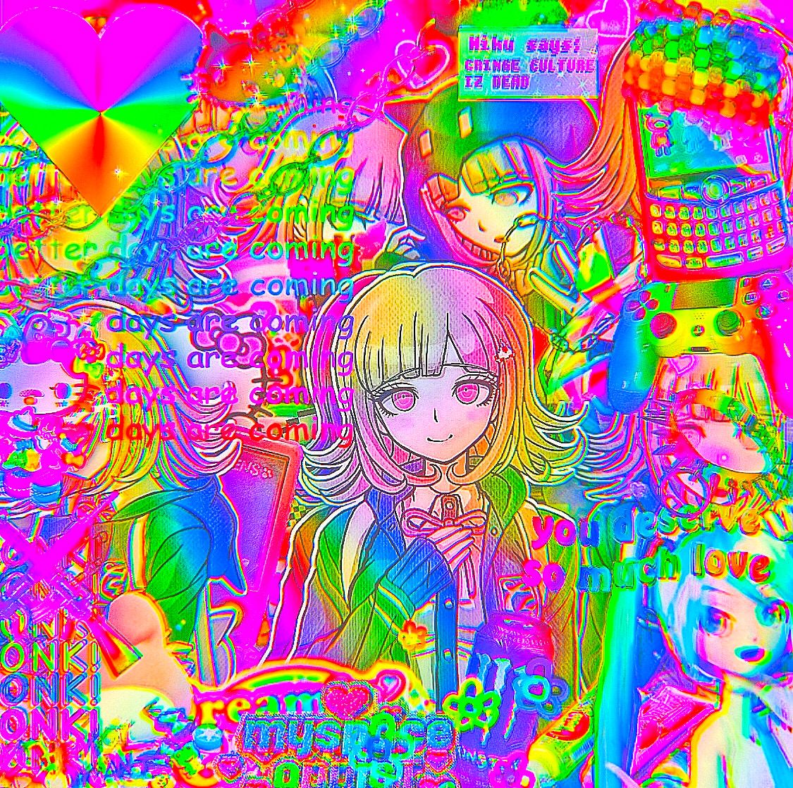 A digital art piece of a girl surrounded by text and anime characters. - Glitchcore