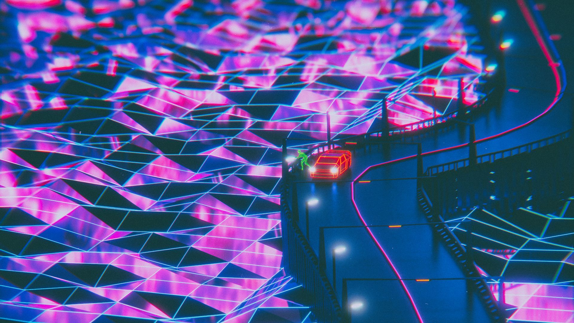 A car driving on a neon lit highway - Synthwave