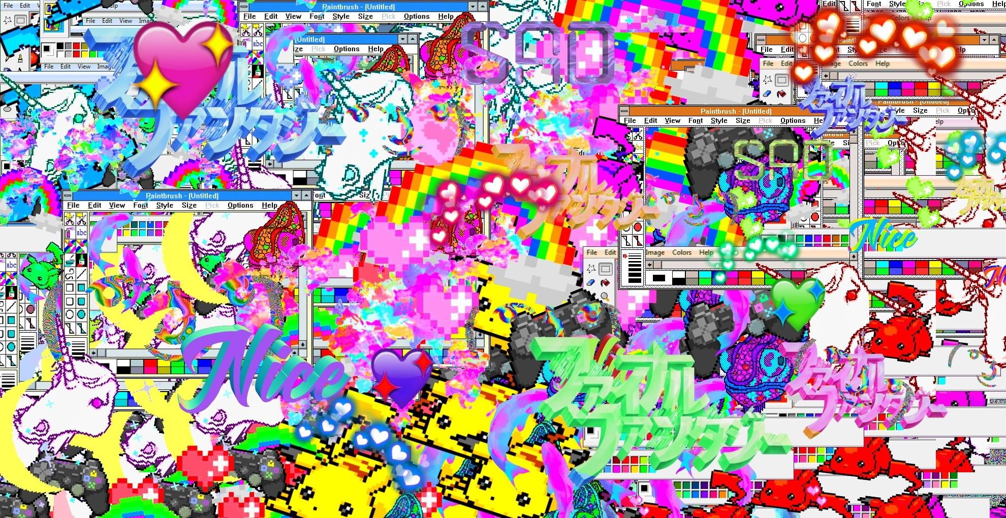 A colorful collage of unicorns, hearts, and Chinese characters. - Glitchcore